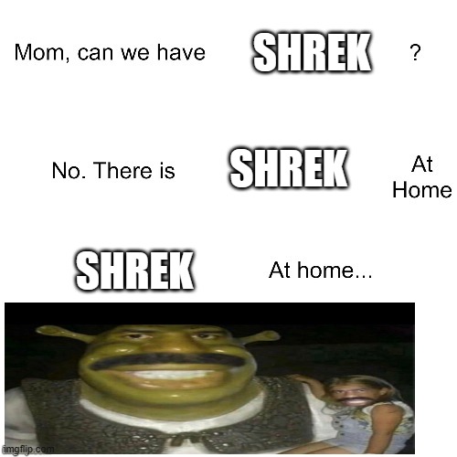 the shrek at home | SHREK; SHREK; SHREK | image tagged in mom can we have | made w/ Imgflip meme maker