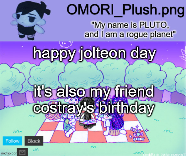 omor plush | happy jolteon day; it's also my friend costray's birthday | image tagged in omor plush | made w/ Imgflip meme maker