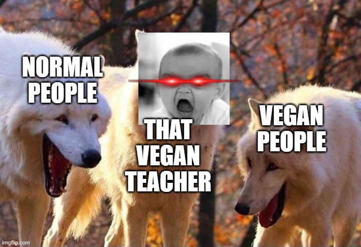 Laughing wolf | NORMAL PEOPLE; VEGAN PEOPLE; THAT VEGAN TEACHER | image tagged in laughing wolf,that vegan teacher,that vegan teacher meme | made w/ Imgflip meme maker
