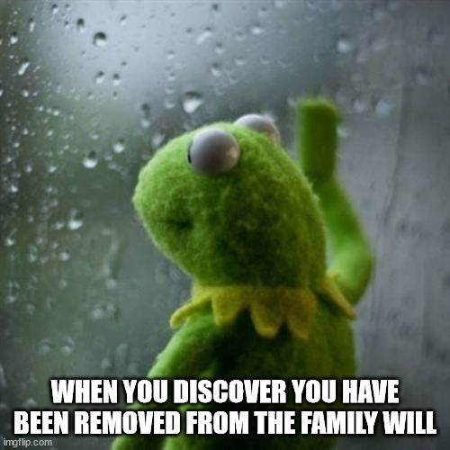 Wills | WHEN YOU DISCOVER YOU HAVE BEEN REMOVED FROM THE FAMILY WILL | image tagged in kermit waiting | made w/ Imgflip meme maker