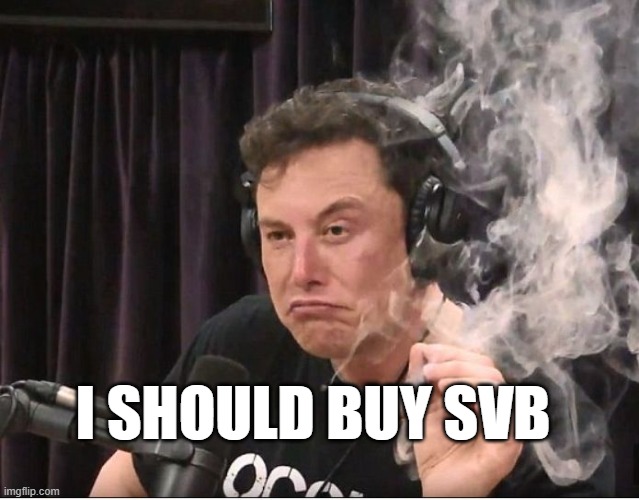 Elon Musk smoking a joint | I SHOULD BUY SVB | image tagged in elon musk smoking a joint | made w/ Imgflip meme maker