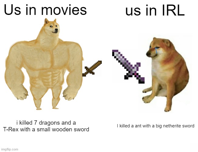 Buff Doge vs. Cheems Meme | Us in movies; us in IRL; i killed 7 dragons and a T-Rex with a small wooden sword; I killed a ant with a big netherite sword | image tagged in memes,buff doge vs cheems | made w/ Imgflip meme maker