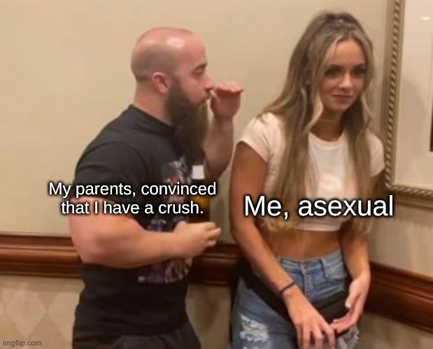 Drunk Guy Talking To Girl | My parents, convinced that I have a crush. Me, asexual | image tagged in drunk guy talking to girl | made w/ Imgflip meme maker