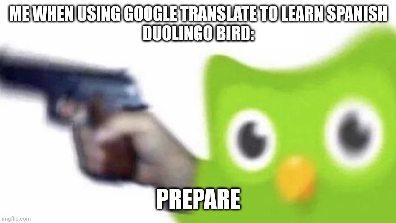 Duolingo google | ME WHEN USING GOOGLE TRANSLATE TO LEARN SPANISH
DUOLINGO BIRD:; PREPARE | image tagged in duolingo gun | made w/ Imgflip meme maker