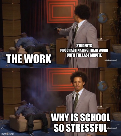 Saw a meme about homework, decided why not make one. | STUDENTS PROCRASTINATING THEIR WORK UNTIL THE LAST MINUTE; THE WORK; WHY IS SCHOOL SO STRESSFUL | image tagged in memes,who killed hannibal | made w/ Imgflip meme maker