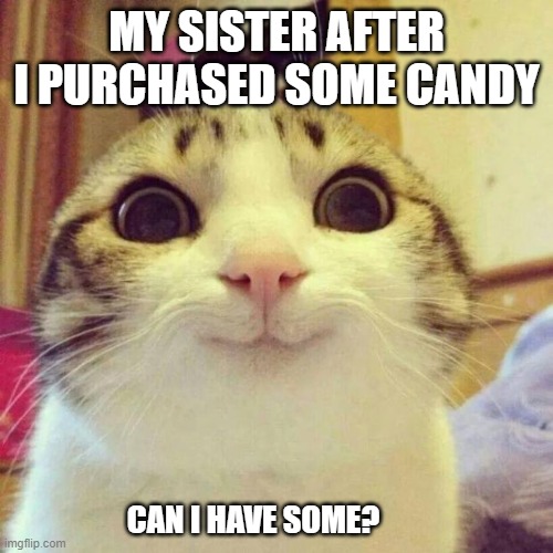 Smiling Cat Meme | MY SISTER AFTER I PURCHASED SOME CANDY; CAN I HAVE SOME? | image tagged in memes,smiling cat | made w/ Imgflip meme maker