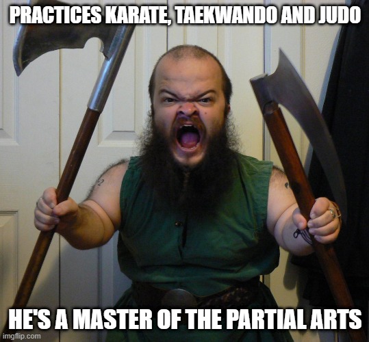 Half a Fight | PRACTICES KARATE, TAEKWANDO AND JUDO; HE'S A MASTER OF THE PARTIAL ARTS | image tagged in dwarf rage | made w/ Imgflip meme maker