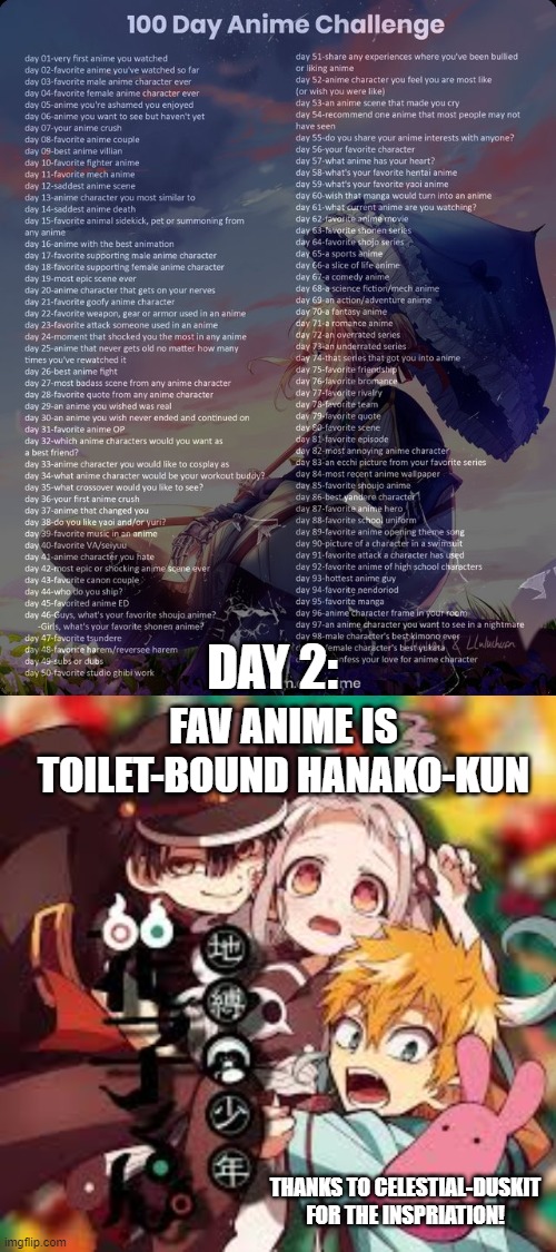 Day 2 o 100 Day Anime Challenge! | DAY 2:; FAV ANIME IS
TOILET-BOUND HANAKO-KUN; THANKS TO CELESTIAL-DUSKIT FOR THE INSPRIATION! | image tagged in 100 day anime challenge,anime,tbhk,fav anime | made w/ Imgflip meme maker