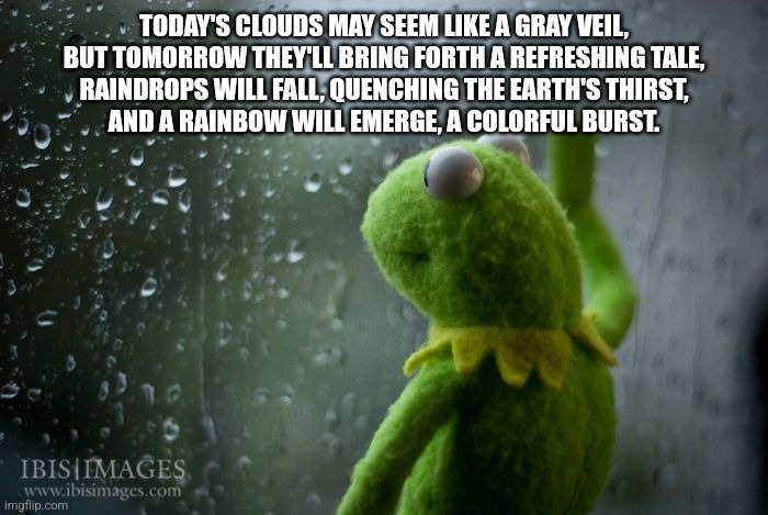 kermit window | TODAY'S CLOUDS MAY SEEM LIKE A GRAY VEIL,
BUT TOMORROW THEY'LL BRING FORTH A REFRESHING TALE,
RAINDROPS WILL FALL, QUENCHING THE EARTH'S THIRST,
AND A RAINBOW WILL EMERGE, A COLORFUL BURST. | image tagged in kermit window | made w/ Imgflip meme maker