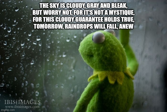 kermit window | THE SKY IS CLOUDY, GRAY AND BLEAK,
BUT WORRY NOT, FOR IT'S NOT A MYSTIQUE,
FOR THIS CLOUDY GUARANTEE HOLDS TRUE,
TOMORROW, RAINDROPS WILL FALL, ANEW | image tagged in kermit window | made w/ Imgflip meme maker