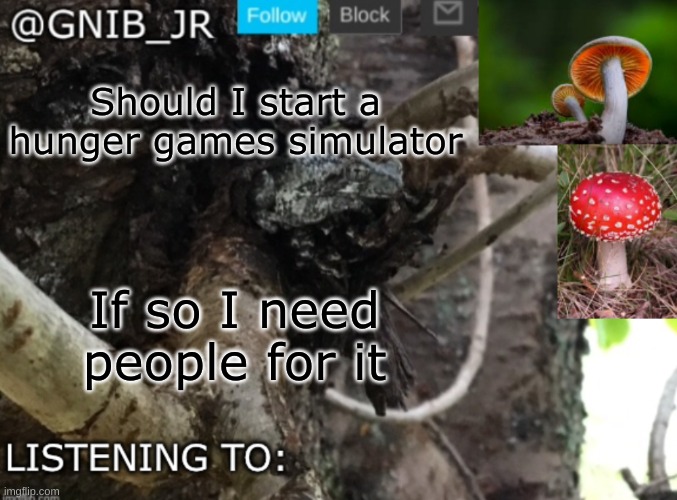 Comment with the picture you want to use If you want to join | Should I start a hunger games simulator; If so I need people for it | image tagged in gnib_jr's new temp | made w/ Imgflip meme maker