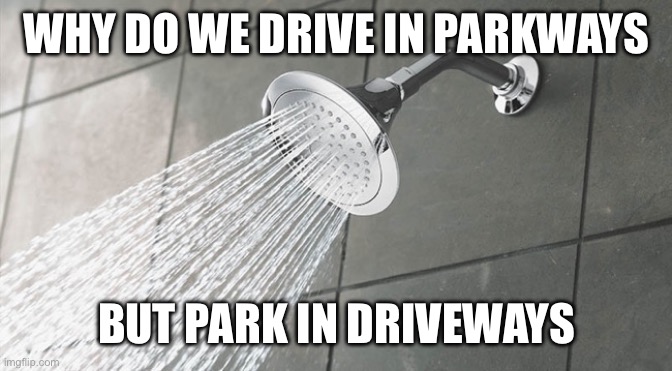 Shower Thoughts | WHY DO WE DRIVE IN PARKWAYS; BUT PARK IN DRIVEWAYS | image tagged in shower thoughts | made w/ Imgflip meme maker