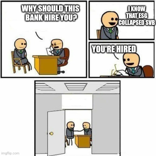 You're hired | I KNOW THAT ESG COLLAPSED SVB; WHY SHOULD THIS 
BANK HIRE YOU? YOU'RE HIRED | image tagged in you're hired,funny memes | made w/ Imgflip meme maker