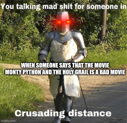 Your mother was a hamster and your father smelt of elderberries | WHEN SOMEONE SAYS THAT THE MOVIE MONTY PYTHON AND THE HOLY GRAIL IS A BAD MOVIE | image tagged in you talking mad shit for someone in crusading distance | made w/ Imgflip meme maker