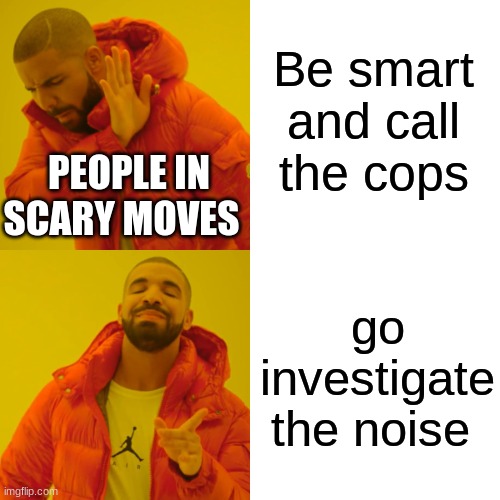 Drake Hotline Bling | Be smart and call the cops; PEOPLE IN SCARY MOVES; go investigate the noise | image tagged in memes,drake hotline bling | made w/ Imgflip meme maker