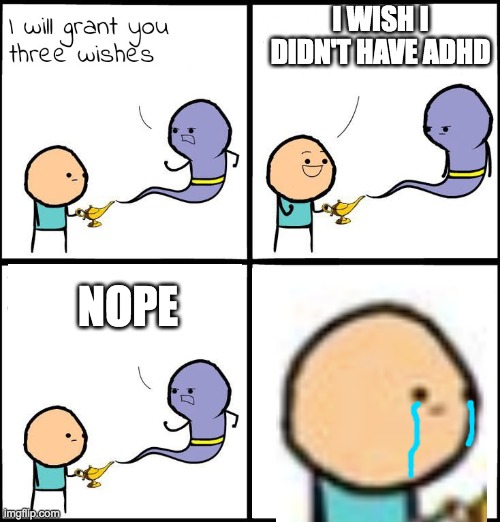 3 Wishes | I WISH I DIDN'T HAVE ADHD; NOPE | image tagged in 3 wishes | made w/ Imgflip meme maker