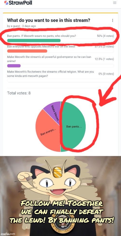 Bill upcoming! Vote to end the lewd! | Follow me! Together we can finally defeat the lewd! By banning pants! | image tagged in meowth party,end the,lewdness of pants,meowth is your golly now | made w/ Imgflip meme maker