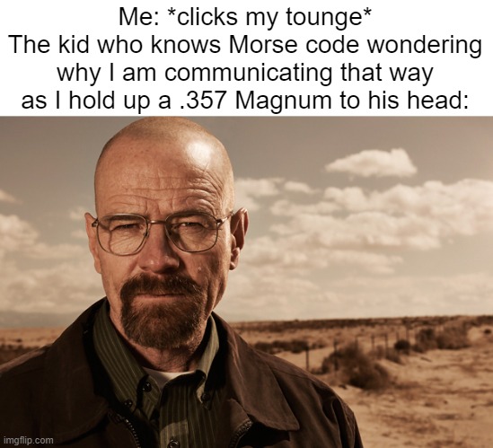 Walter White | Me: *clicks my tounge*
The kid who knows Morse code wondering why I am communicating that way as I hold up a .357 Magnum to his head: | image tagged in walter white | made w/ Imgflip meme maker