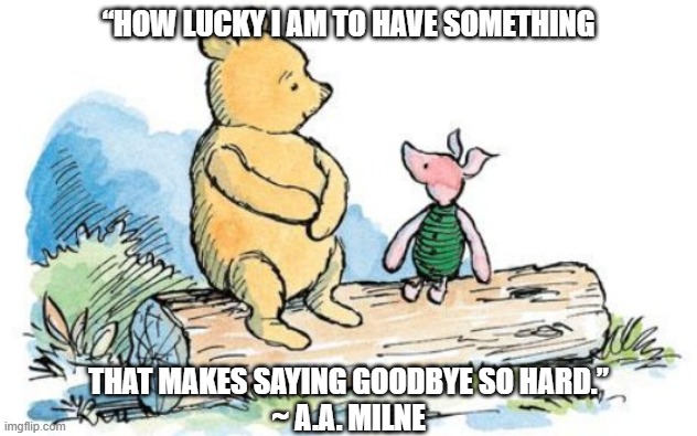 How Lucky I Am | “HOW LUCKY I AM TO HAVE SOMETHING; THAT MAKES SAYING GOODBYE SO HARD.”
~ A.A. MILNE | image tagged in winnie the pooh and piglet | made w/ Imgflip meme maker