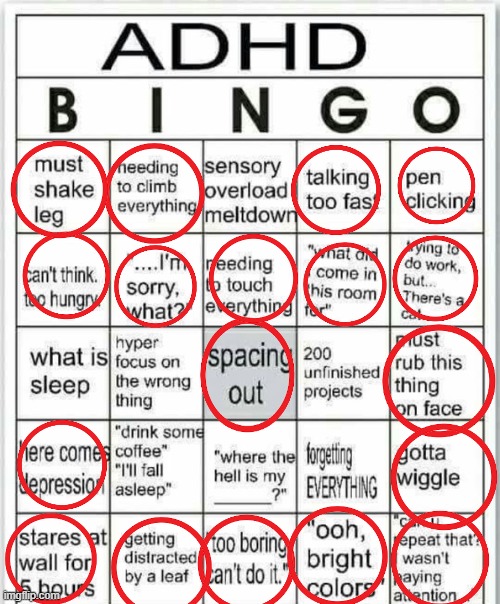 Do I have ADHD? | image tagged in adhd bingo,help | made w/ Imgflip meme maker