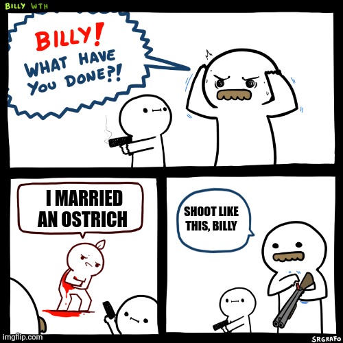 Man straight up married an ostrich, of course someone would inevitably try to shoot him | I MARRIED AN OSTRICH; SHOOT LIKE THIS, BILLY | image tagged in billy what did you do | made w/ Imgflip meme maker