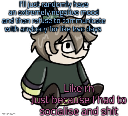 r | I'll just randomly have an extremely negative mood and then refuse to communicate with anybody for like two days; Like rn
Just because I had to socialise and shit | image tagged in cracker | made w/ Imgflip meme maker