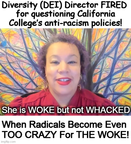 Fired after declining to join a “Socialist network,” and questioning why the word “Black” was capitalized but not “white”. | Diversity (DEI) Director FIRED 
for questioning California
College’s anti-racism policies! She is WOKE but not WHACKED; When Radicals Become Even 
TOO CRAZY For THE WOKE! | image tagged in politics,woke,radical,policies,too woke for the woke,california | made w/ Imgflip meme maker