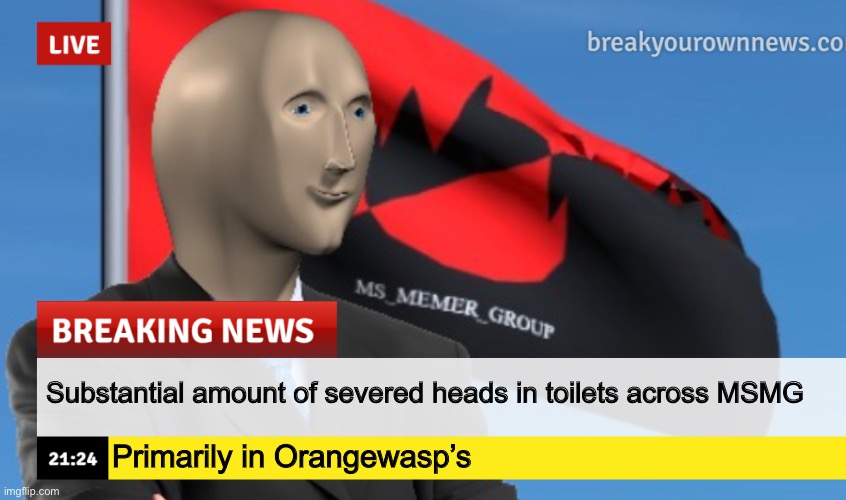 MSMG News (December 2022 edition) | Substantial amount of severed heads in toilets across MSMG; Primarily in Orangewasp’s | image tagged in msmg news december 2022 edition | made w/ Imgflip meme maker