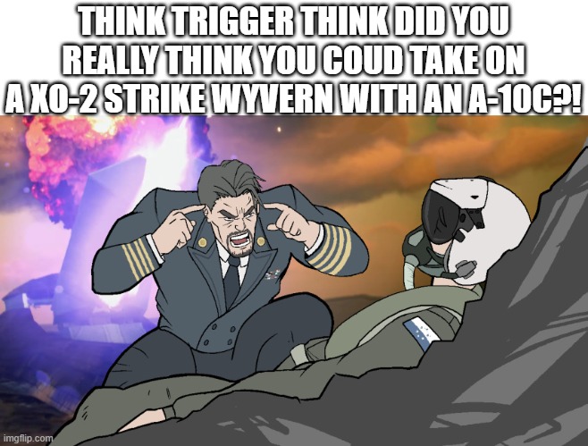 *Laughs in BRRRRT* | THINK TRIGGER THINK DID YOU REALLY THINK YOU COUD TAKE ON A XO-2 STRIKE WYVERN WITH AN A-10C?! | image tagged in think trigger think,ace combat,haha brrrrrrr,plane | made w/ Imgflip meme maker