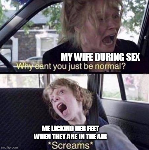 Me licking her feet when they are in the air | MY WIFE DURING SEX; ME LICKING HER FEET WHEN THEY ARE IN THE AIR | image tagged in why can't you just be normal,funny,sex,feet,wife | made w/ Imgflip meme maker