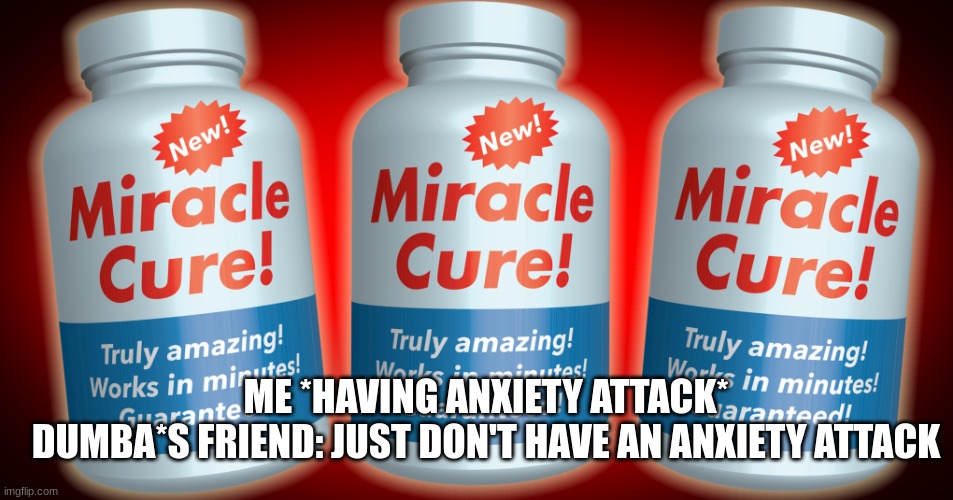 True story | ME *HAVING ANXIETY ATTACK*
DUMBA*S FRIEND: JUST DON'T HAVE AN ANXIETY ATTACK | image tagged in miracle cure | made w/ Imgflip meme maker