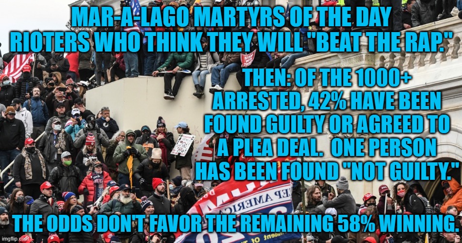 Promising Pardons for votes violates the 14th Amendment. | MAR-A-LAGO MARTYRS OF THE DAY
RIOTERS WHO THINK THEY WILL "BEAT THE RAP."; THEN: OF THE 1000+ ARRESTED, 42% HAVE BEEN FOUND GUILTY OR AGREED TO A PLEA DEAL.  ONE PERSON HAS BEEN FOUND "NOT GUILTY."; THE ODDS DON'T FAVOR THE REMAINING 58% WINNING. | image tagged in politics | made w/ Imgflip meme maker
