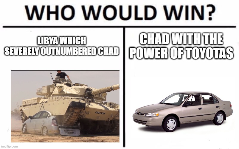 this actually happened (toyota war) | LIBYA WHICH SEVERELY OUTNUMBERED CHAD; CHAD WITH THE POWER OF TOYOTAS | image tagged in memes,who would win,history memes | made w/ Imgflip meme maker