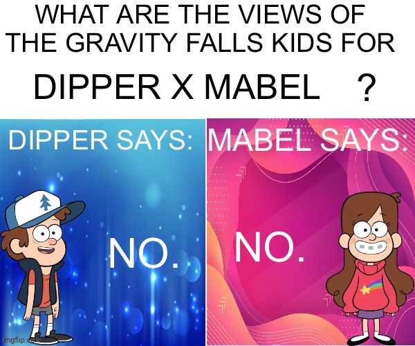 Dipper/Mabel says: | DIPPER X MABEL; NO. NO. | image tagged in dipper/mabel says | made w/ Imgflip meme maker