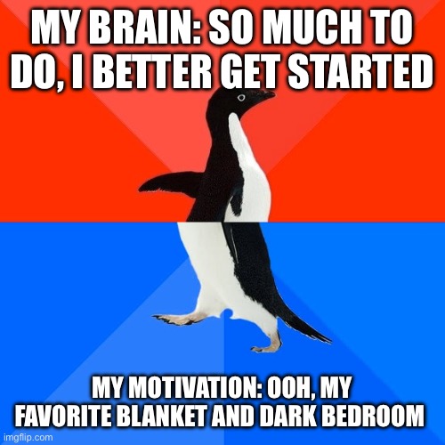 Brain vs. Motivation | MY BRAIN: SO MUCH TO DO, I BETTER GET STARTED; MY MOTIVATION: OOH, MY FAVORITE BLANKET AND DARK BEDROOM | image tagged in memes,socially awesome awkward penguin | made w/ Imgflip meme maker