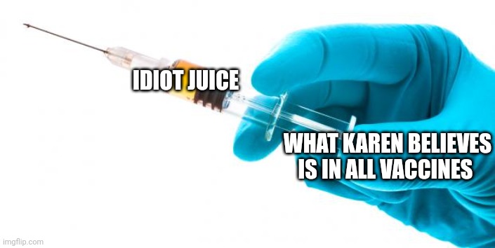 Karen thinks vaccines are idiot juice | IDIOT JUICE; WHAT KAREN BELIEVES IS IN ALL VACCINES | image tagged in syringe vaccine medicine | made w/ Imgflip meme maker