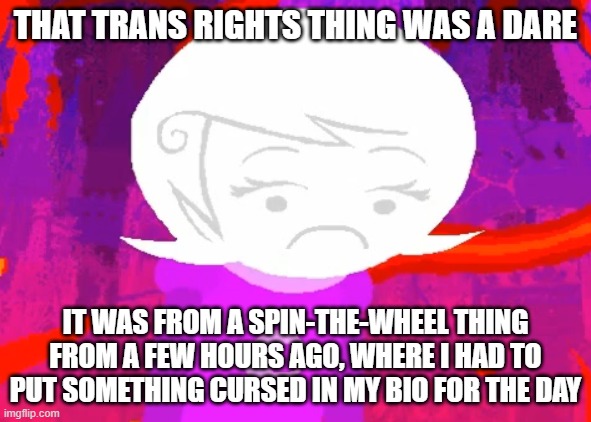 (I am held at gunpoint) | THAT TRANS RIGHTS THING WAS A DARE; IT WAS FROM A SPIN-THE-WHEEL THING FROM A FEW HOURS AGO, WHERE I HAD TO PUT SOMETHING CURSED IN MY BIO FOR THE DAY | image tagged in roxy lalonde disappointed | made w/ Imgflip meme maker