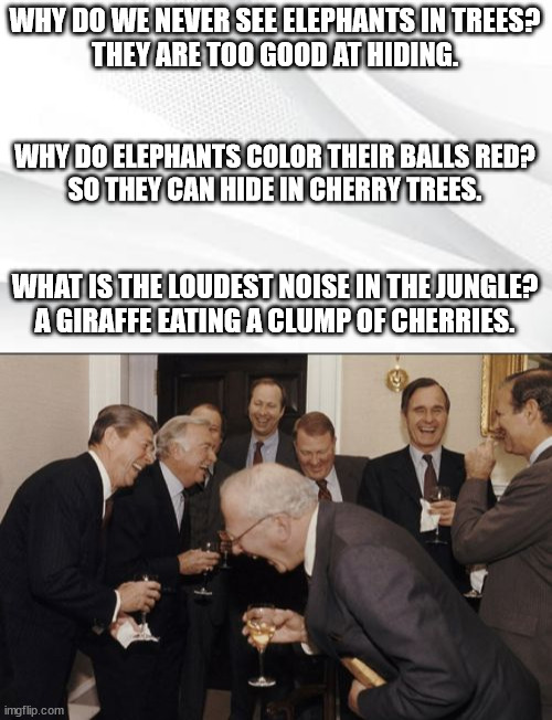 Elephants....Cherries.....Good Combo! |  WHY DO WE NEVER SEE ELEPHANTS IN TREES?
THEY ARE TOO GOOD AT HIDING. WHY DO ELEPHANTS COLOR THEIR BALLS RED?
SO THEY CAN HIDE IN CHERRY TREES. WHAT IS THE LOUDEST NOISE IN THE JUNGLE?
A GIRAFFE EATING A CLUMP OF CHERRIES. | image tagged in memes,laughing men in suits | made w/ Imgflip meme maker