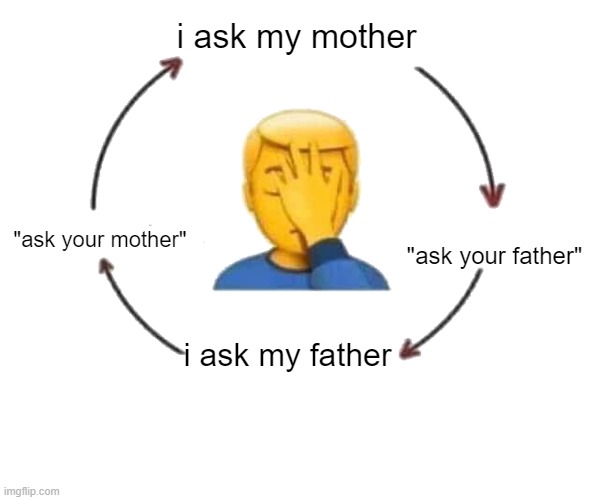 real | i ask my mother; "ask your father"; "ask your mother"; i ask my father | image tagged in i meet someone we talk they leave,memes,funny | made w/ Imgflip meme maker