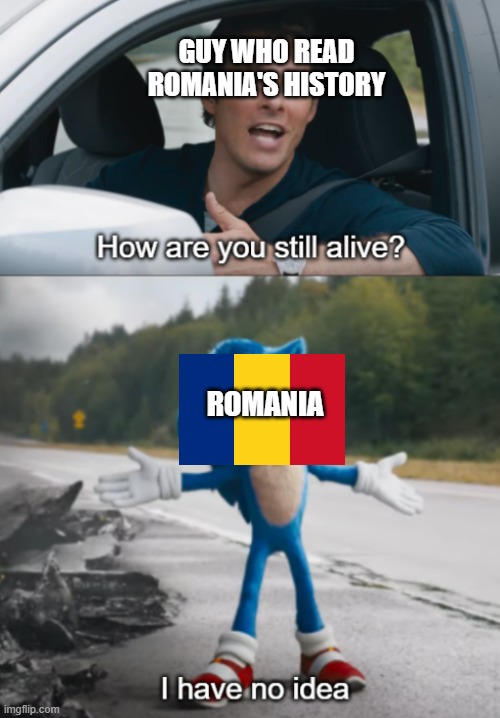 Sonic : How are you still alive | GUY WHO READ ROMANIA'S HISTORY; ROMANIA | image tagged in sonic how are you still alive,HistoryMemes | made w/ Imgflip meme maker