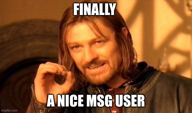 One Does Not Simply Meme | FINALLY A NICE MSG USER | image tagged in memes,one does not simply | made w/ Imgflip meme maker