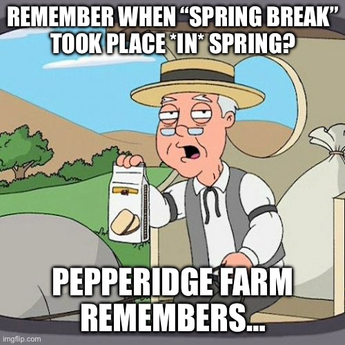 Not even warm yet most places, let alone still Winter. | REMEMBER WHEN “SPRING BREAK”
TOOK PLACE *IN* SPRING? PEPPERIDGE FARM
REMEMBERS… | image tagged in memes,pepperidge farm remembers,spring break,spring | made w/ Imgflip meme maker