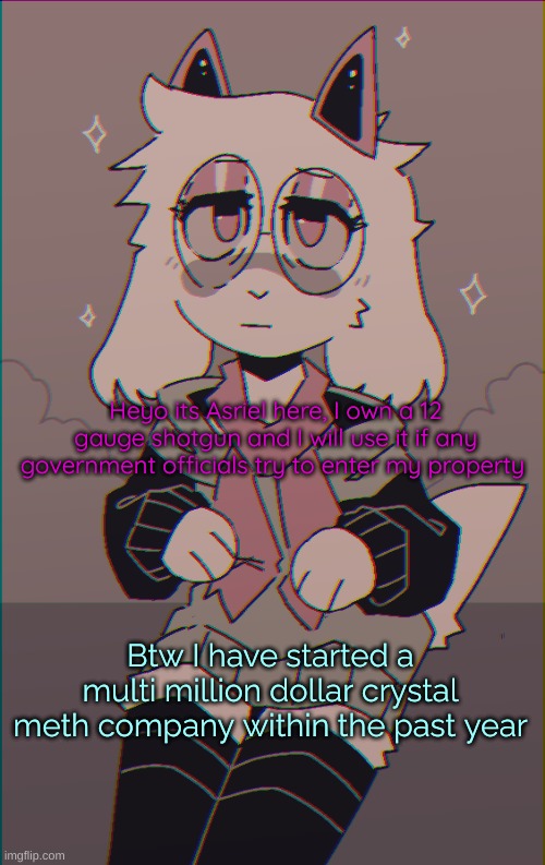 Asriel on drugs | Heyo its Asriel here, I own a 12 gauge shotgun and I will use it if any government officials try to enter my property; Btw I have started a multi million dollar crystal meth company within the past year | image tagged in asriel on drugs | made w/ Imgflip meme maker