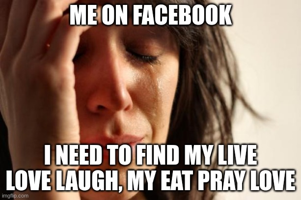 me | ME ON FACEBOOK; I NEED TO FIND MY LIVE LOVE LAUGH, MY EAT PRAY LOVE | image tagged in memes,first world problems,facebook | made w/ Imgflip meme maker
