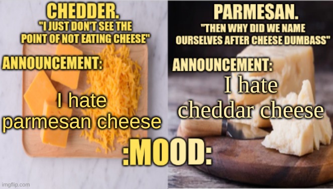 Chedder.+ Parmesan.'s Temp | I hate cheddar cheese; I hate parmesan cheese | image tagged in chedder parmesan 's temp | made w/ Imgflip meme maker