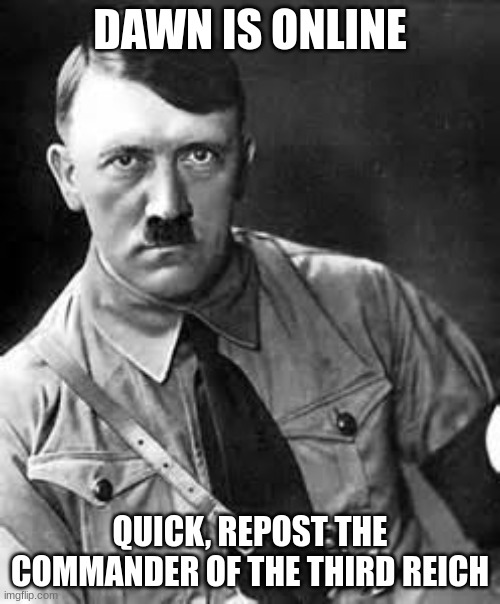 Adolf Hitler | DAWN IS ONLINE; QUICK, REPOST THE COMMANDER OF THE THIRD REICH | image tagged in adolf hitler | made w/ Imgflip meme maker