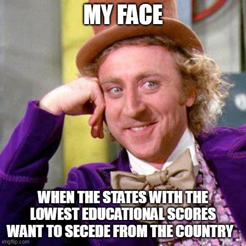 when the states with the lowest educational scores want to secede from the country | MY FACE; WHEN THE STATES WITH THE LOWEST EDUCATIONAL SCORES WANT TO SECEDE FROM THE COUNTRY | image tagged in willy wonka blank,politics,states,united states of america,secede,education | made w/ Imgflip meme maker