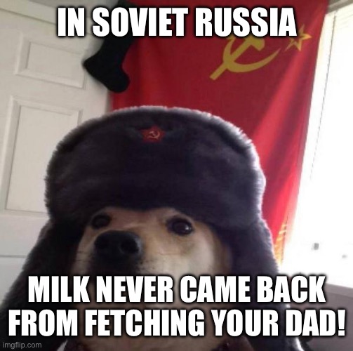 I assume MILK is some kind of acronym | IN SOVIET RUSSIA; MILK NEVER CAME BACK FROM FETCHING YOUR DAD! | image tagged in russian doge | made w/ Imgflip meme maker