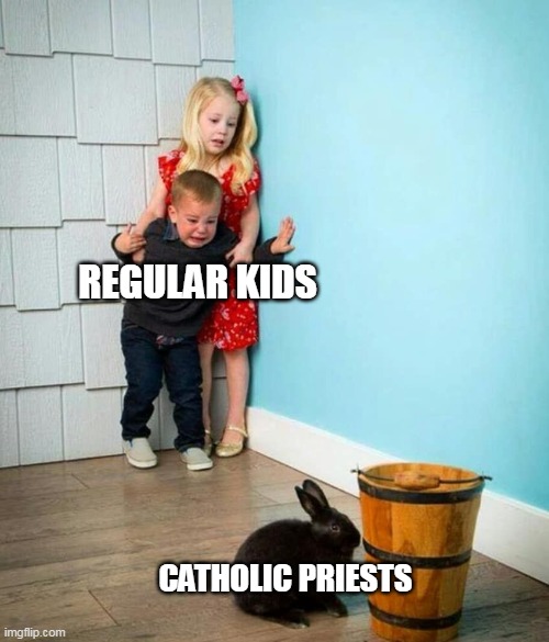 catholic priests | REGULAR KIDS; CATHOLIC PRIESTS | image tagged in children scared of rabbit,dark humor,catholic priests,kids,funny | made w/ Imgflip meme maker