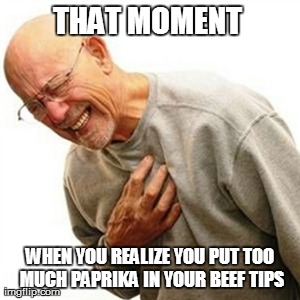 Right In The Childhood | THAT MOMENT WHEN YOU REALIZE YOU PUT TOO MUCH PAPRIKA IN YOUR BEEF TIPS | image tagged in memes,right in the childhood | made w/ Imgflip meme maker